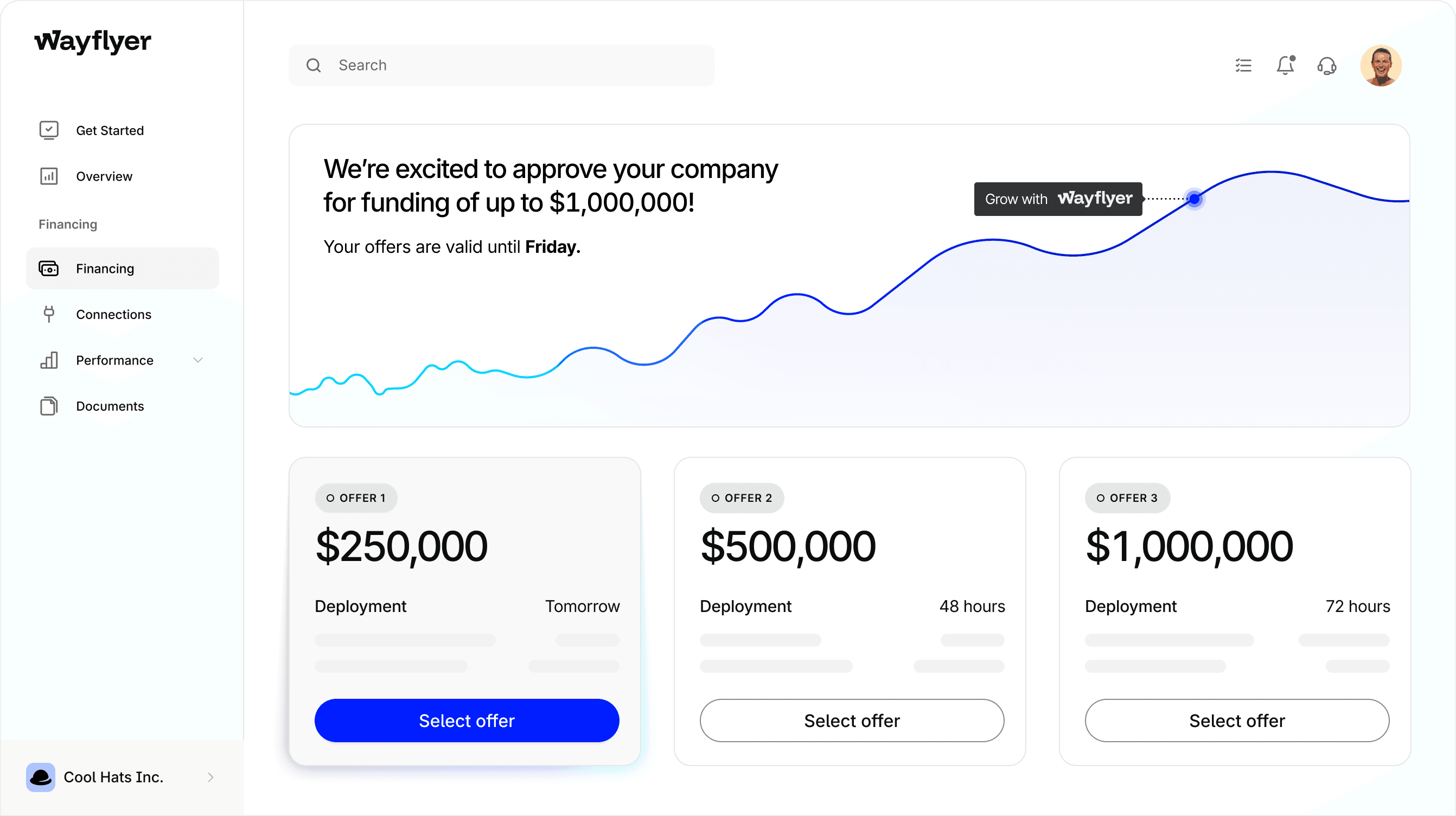 Screen with offers from Wayflyer up to $1,000,000.